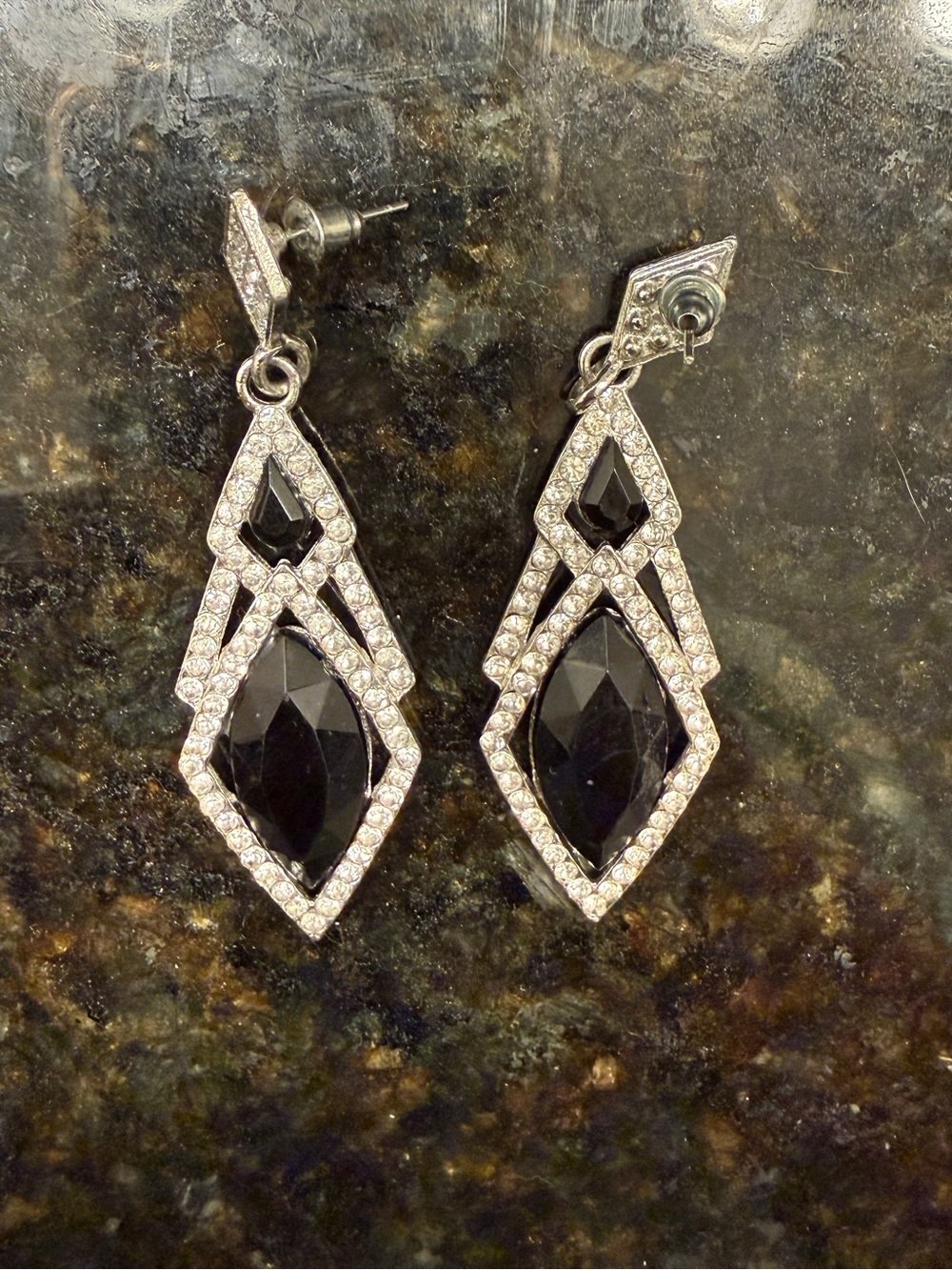 Silver-Tone Black Crystal Drop Earrings
